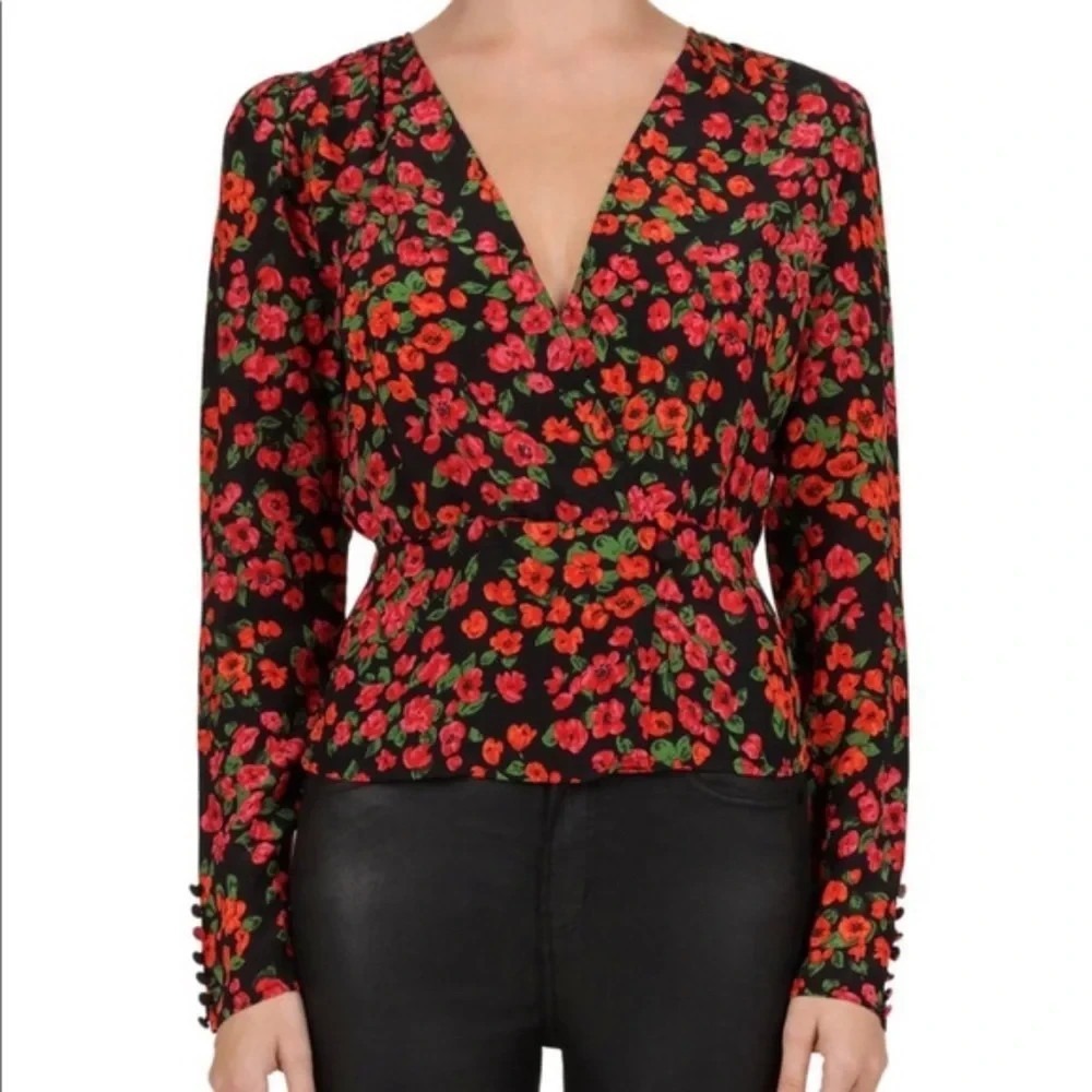 THE KOOPLES Camellia Floral Crossover Silk Blouse In Red/Black Size 1